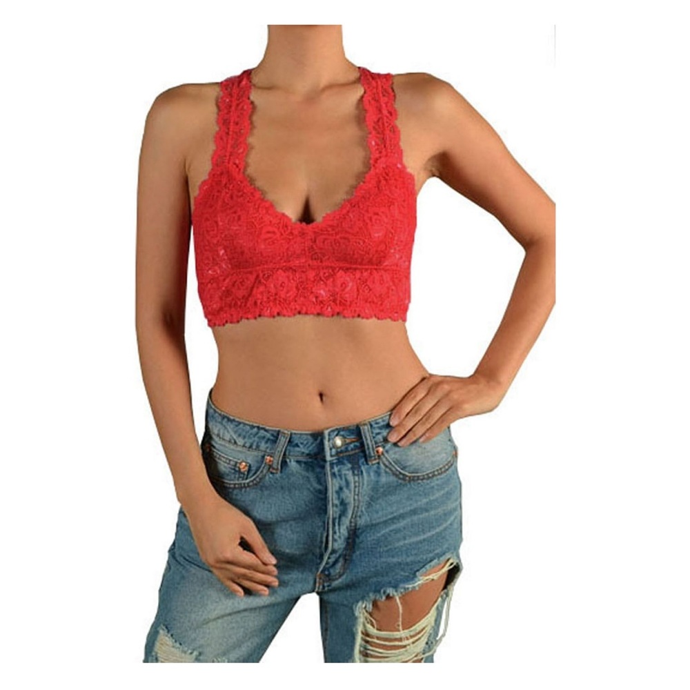 Racerback Halter Lace Bralette - One Size, Red